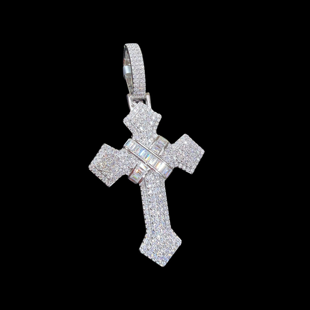 Moissanite Cross Pendant 925 Sterling Silver, Iced Out Baguette Cross Necklace, Hip Hop Jewelry Gift for Men w Rope Chain