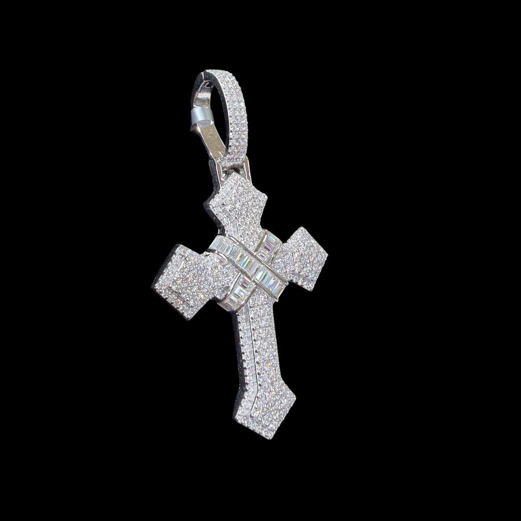 Moissanite Cross Pendant 925 Sterling Silver, Iced Out Baguette Cross Necklace, Hip Hop Jewelry Gift for Men w Rope Chain