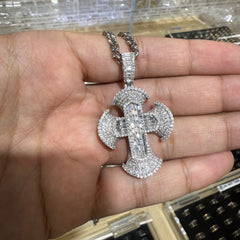 Cross Baguette Pendant  - Moissanite & 925 Silver + Free Steel Cuban Chain