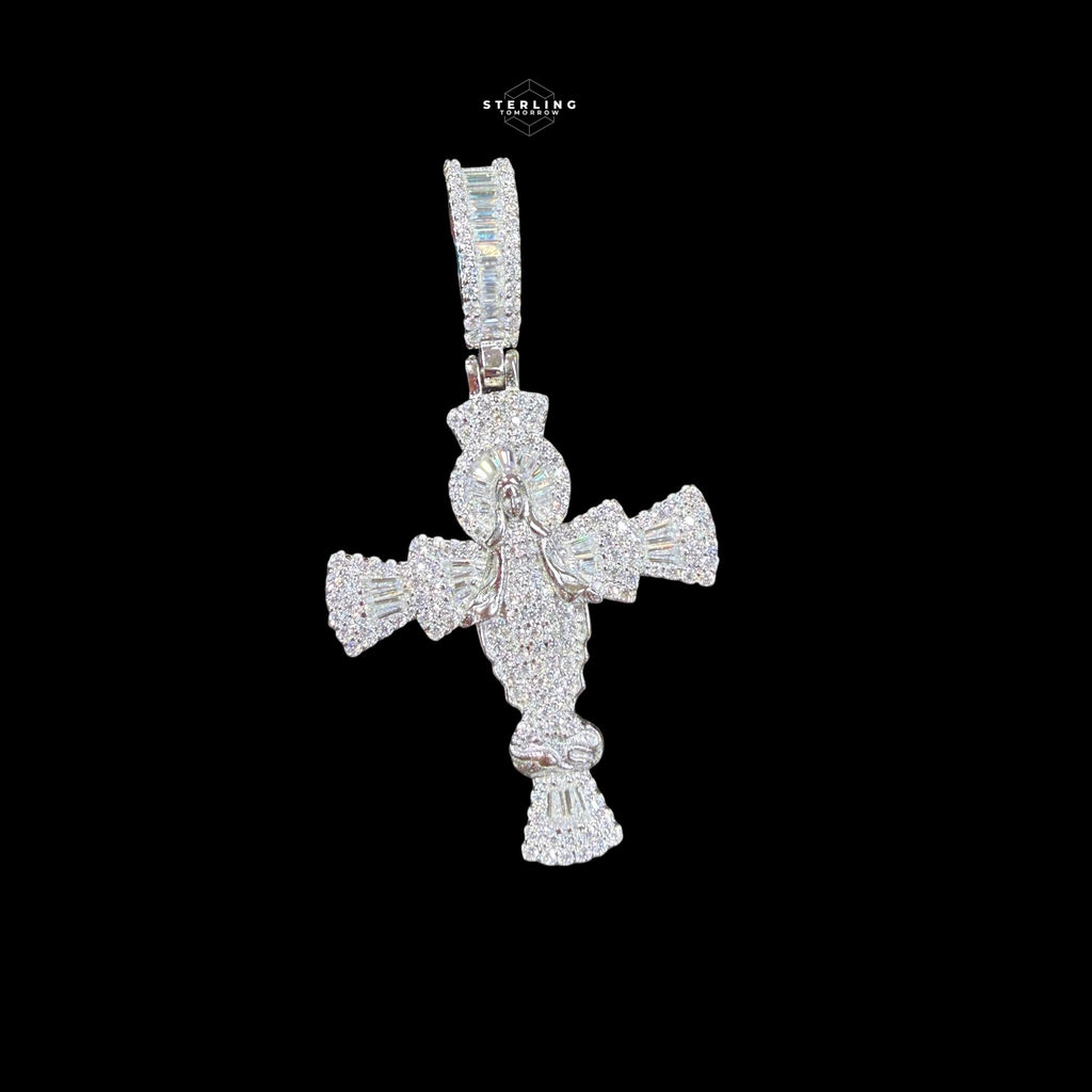 Moissanite Angel Cross Pendant 925 Sterling Silver, Iced Out Baguette Cross Necklace,