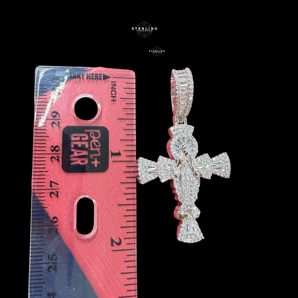 Moissanite Angel Cross Pendant 925 Sterling Silver, Iced Out Baguette Cross Necklace,