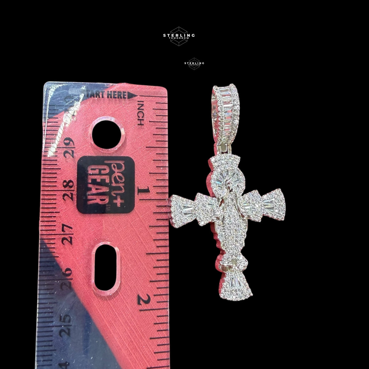 Moissanite Angel Cross Pendant 925 Sterling Silver, Iced Out Baguette Cross Necklace,