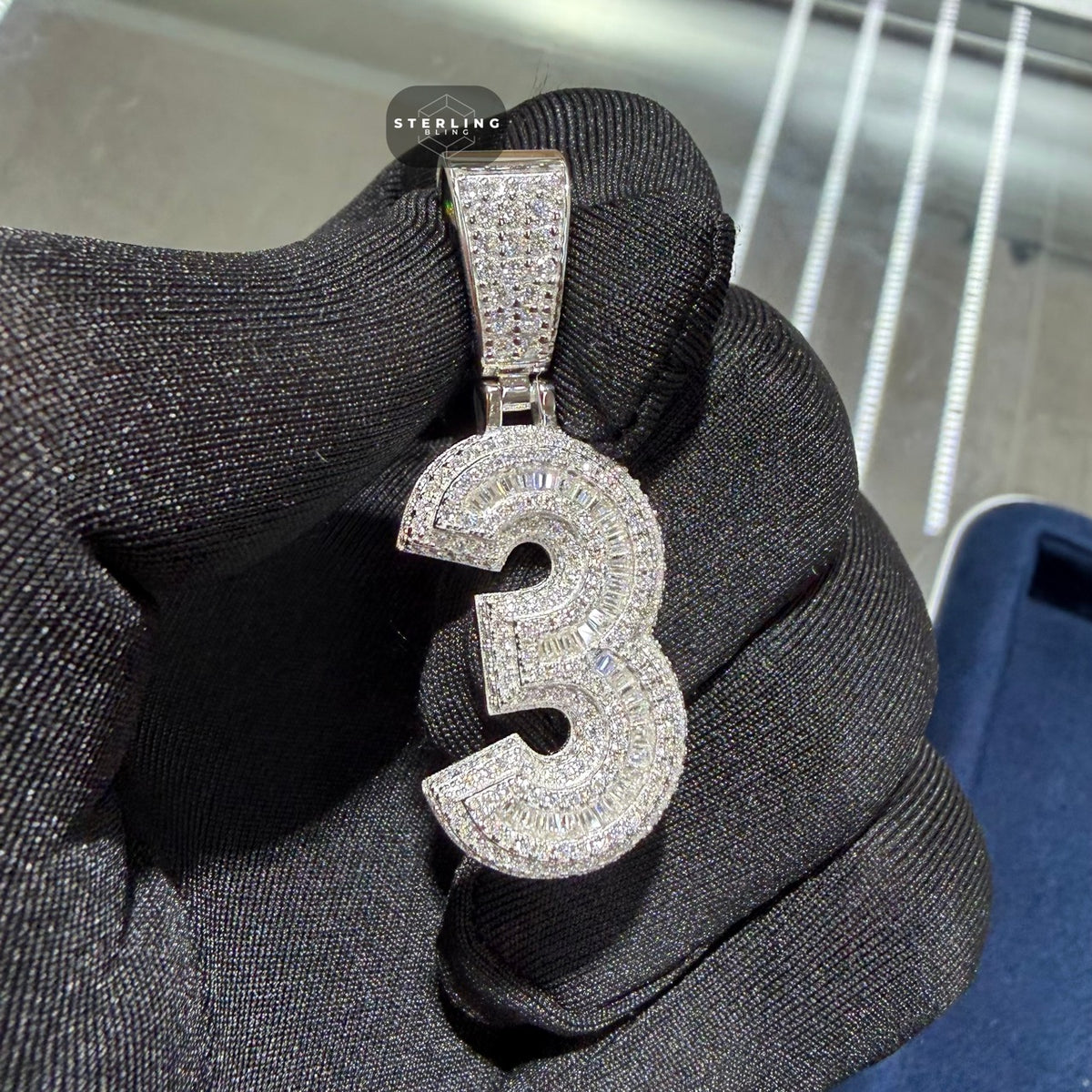 Moissanite 3D Baguette Number Charm Pendants