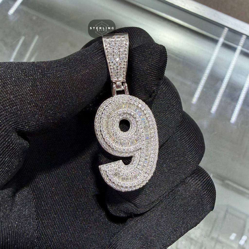 Moissanite 3D Baguette Number Charm Pendants