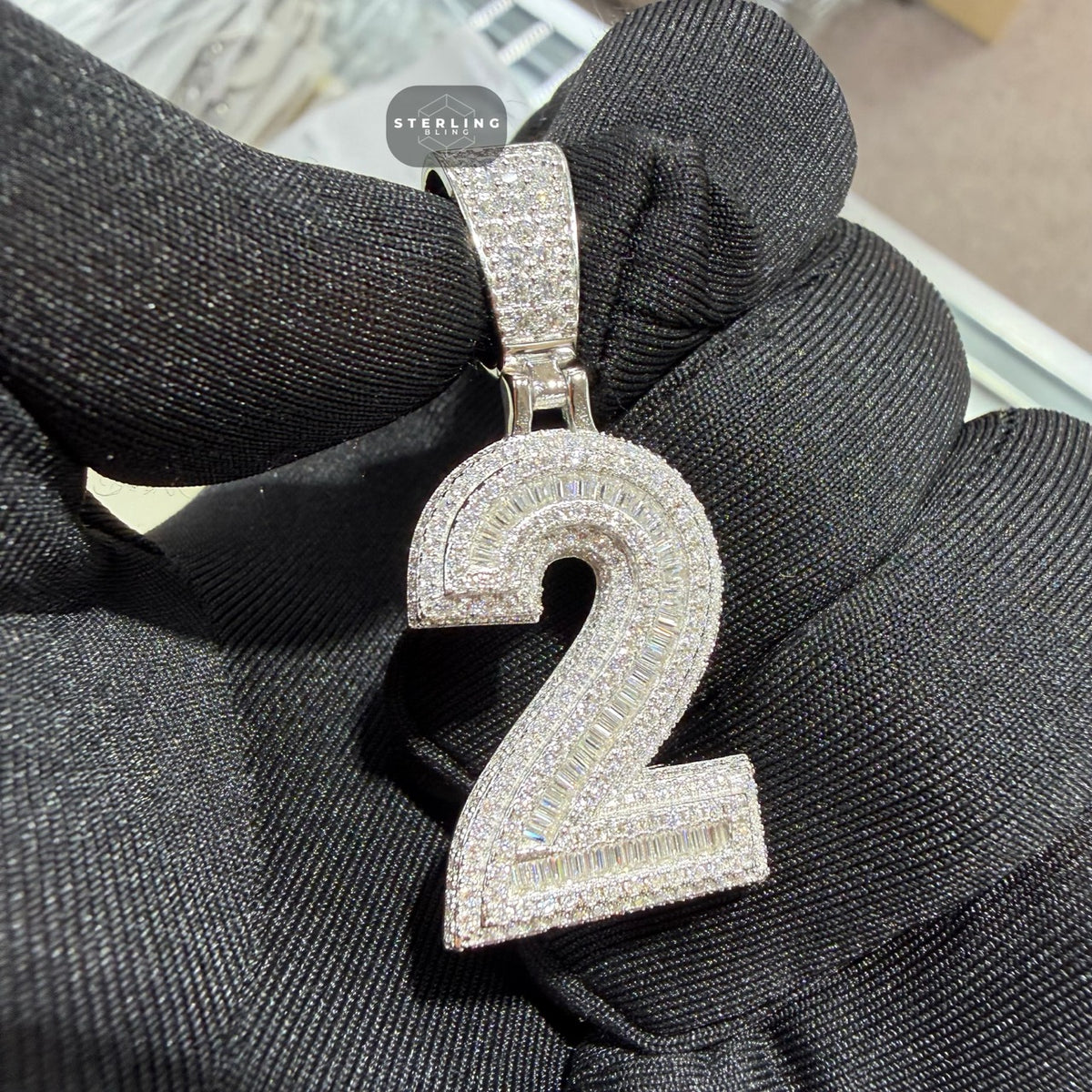 Moissanite 3D Baguette Number Charm Pendants