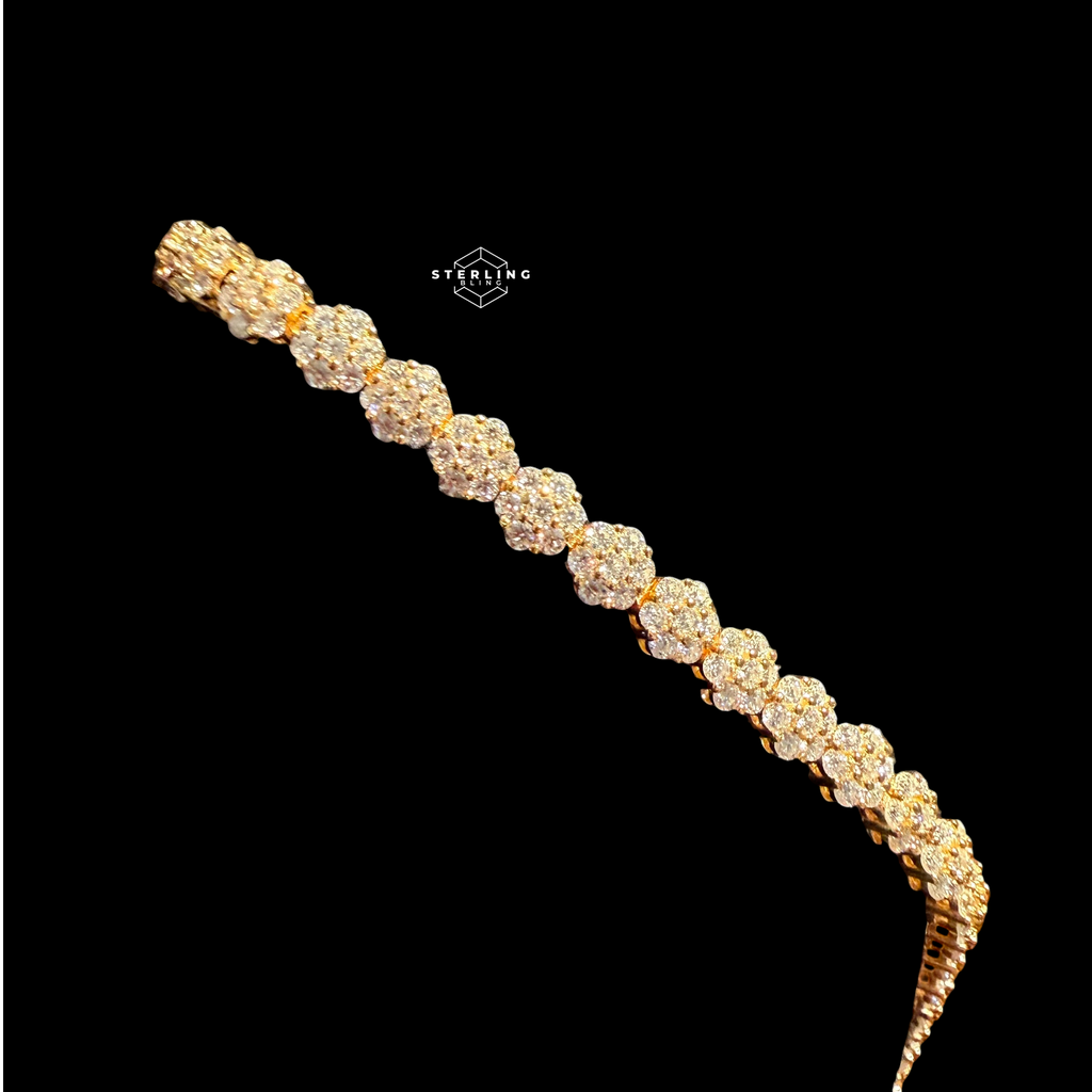 Moissanite Gold 5mm Flower Cluster Tennis Bracelet 925 Sterling Silver