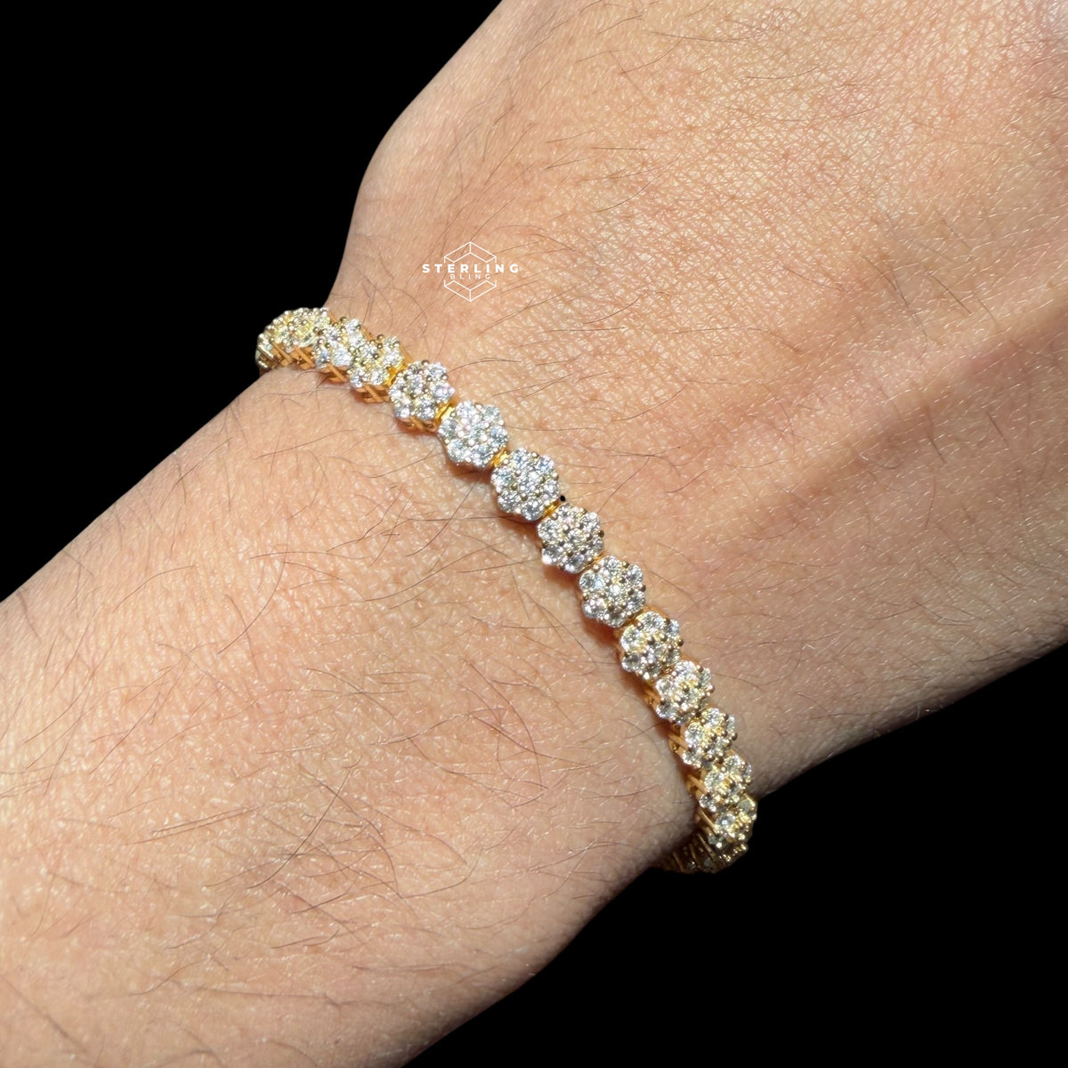 Moissanite Gold 5mm Flower Cluster Tennis Bracelet 925 Sterling Silver