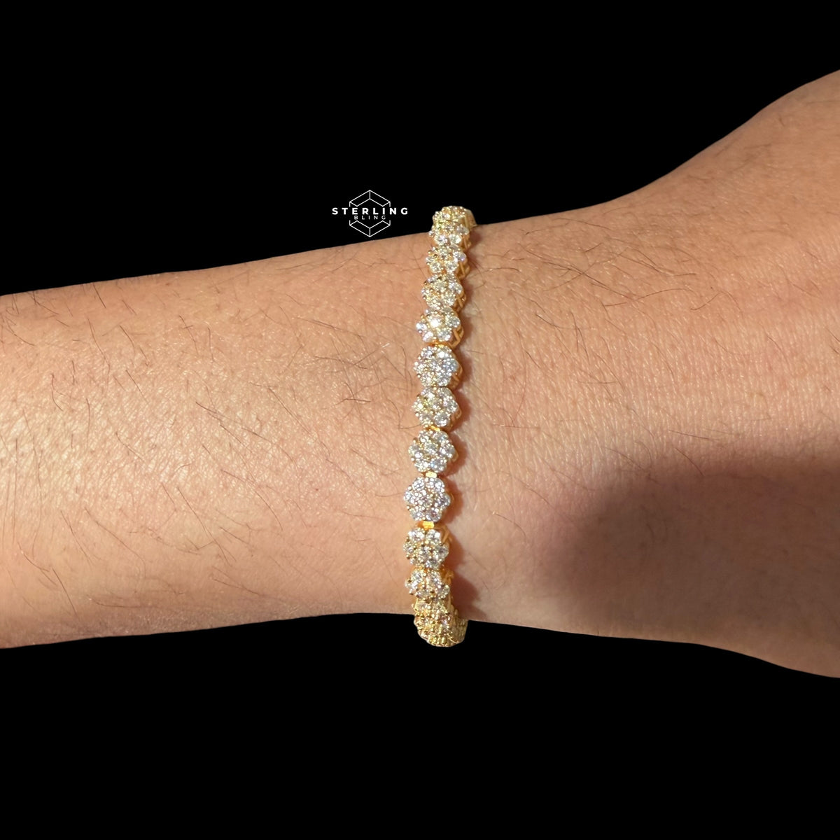 Moissanite Gold 5mm Flower Cluster Tennis Bracelet 925 Sterling Silver