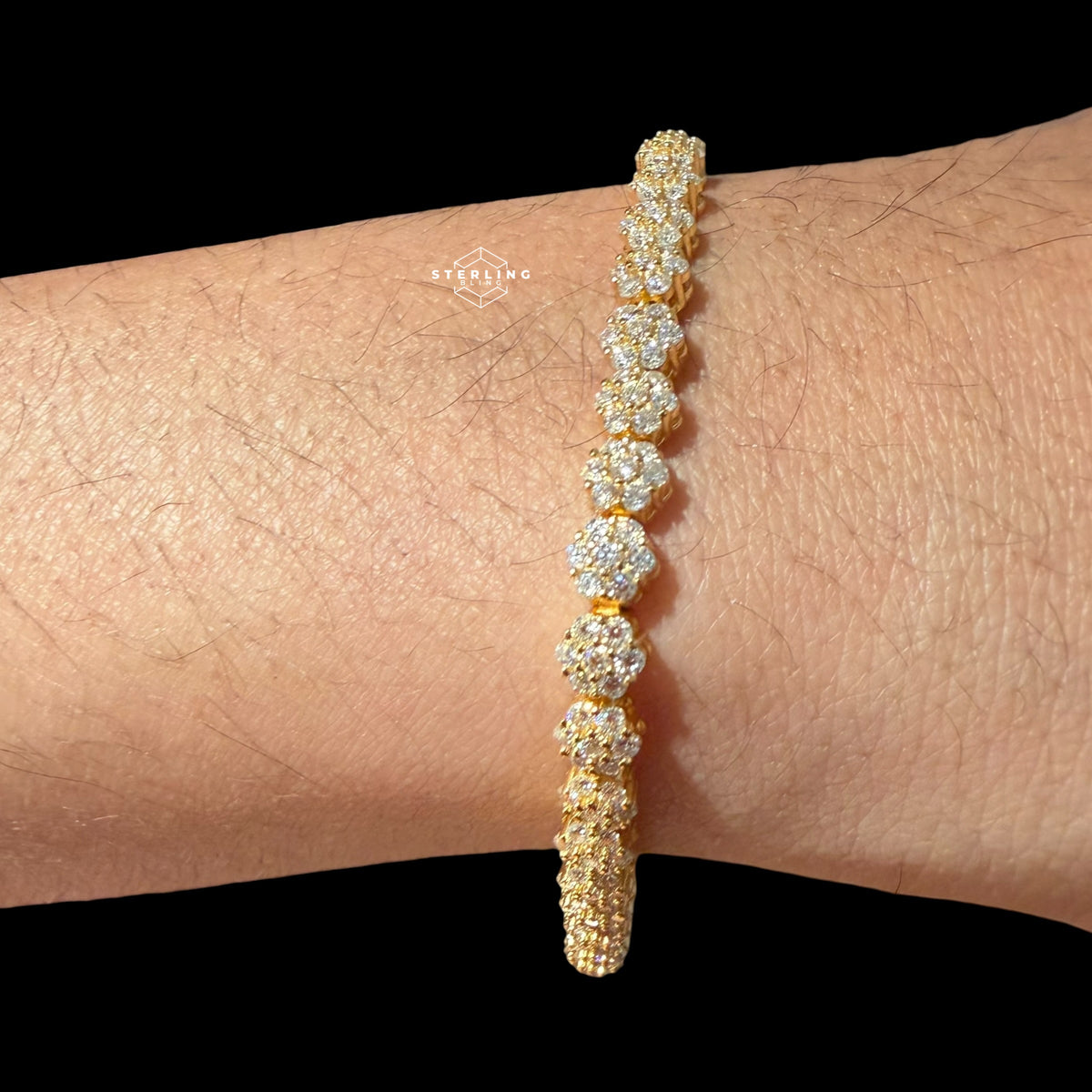 Moissanite Gold 5mm Flower Cluster Tennis Bracelet 925 Sterling Silver