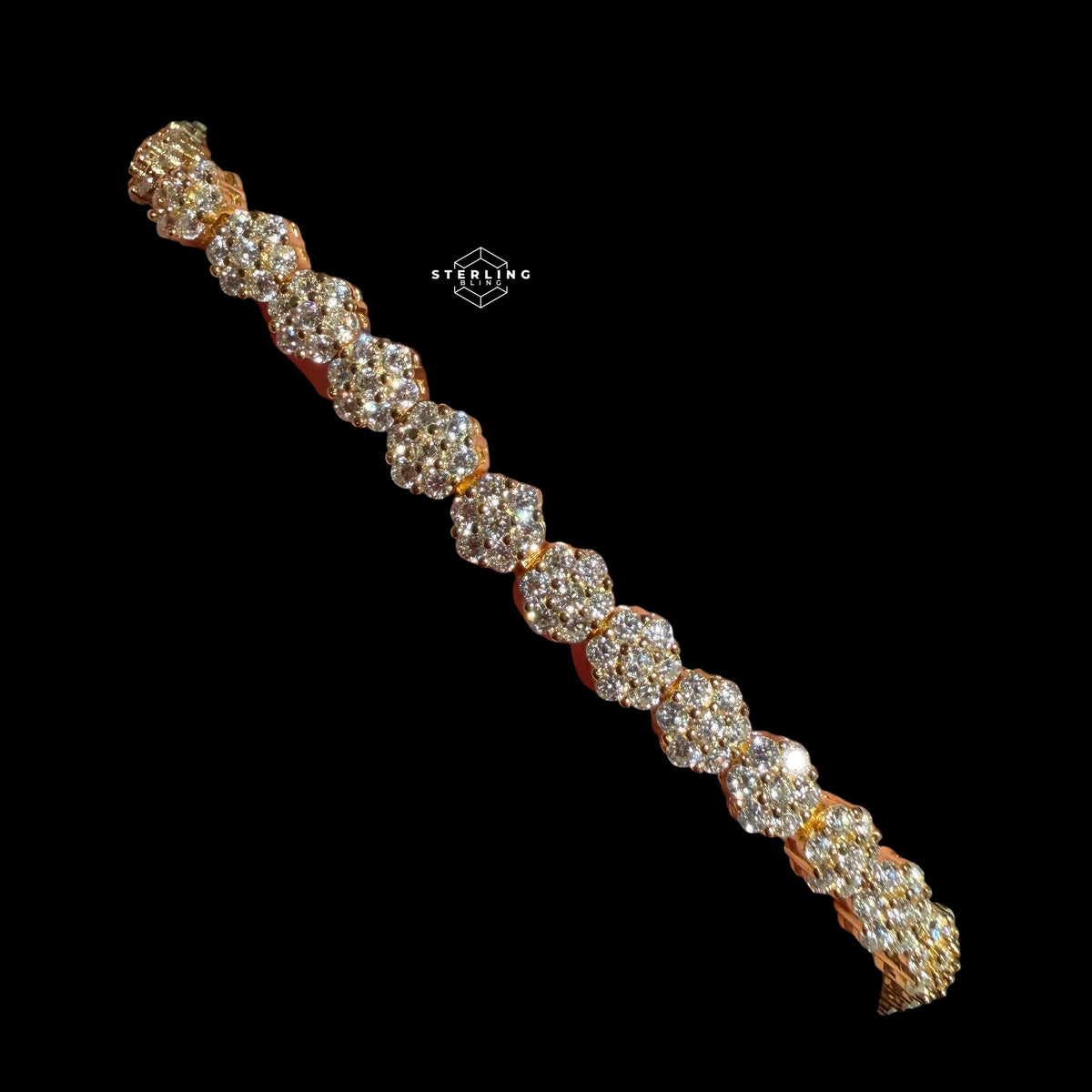 Moissanite Gold 5mm Flower Cluster Tennis Bracelet 925 Sterling Silver