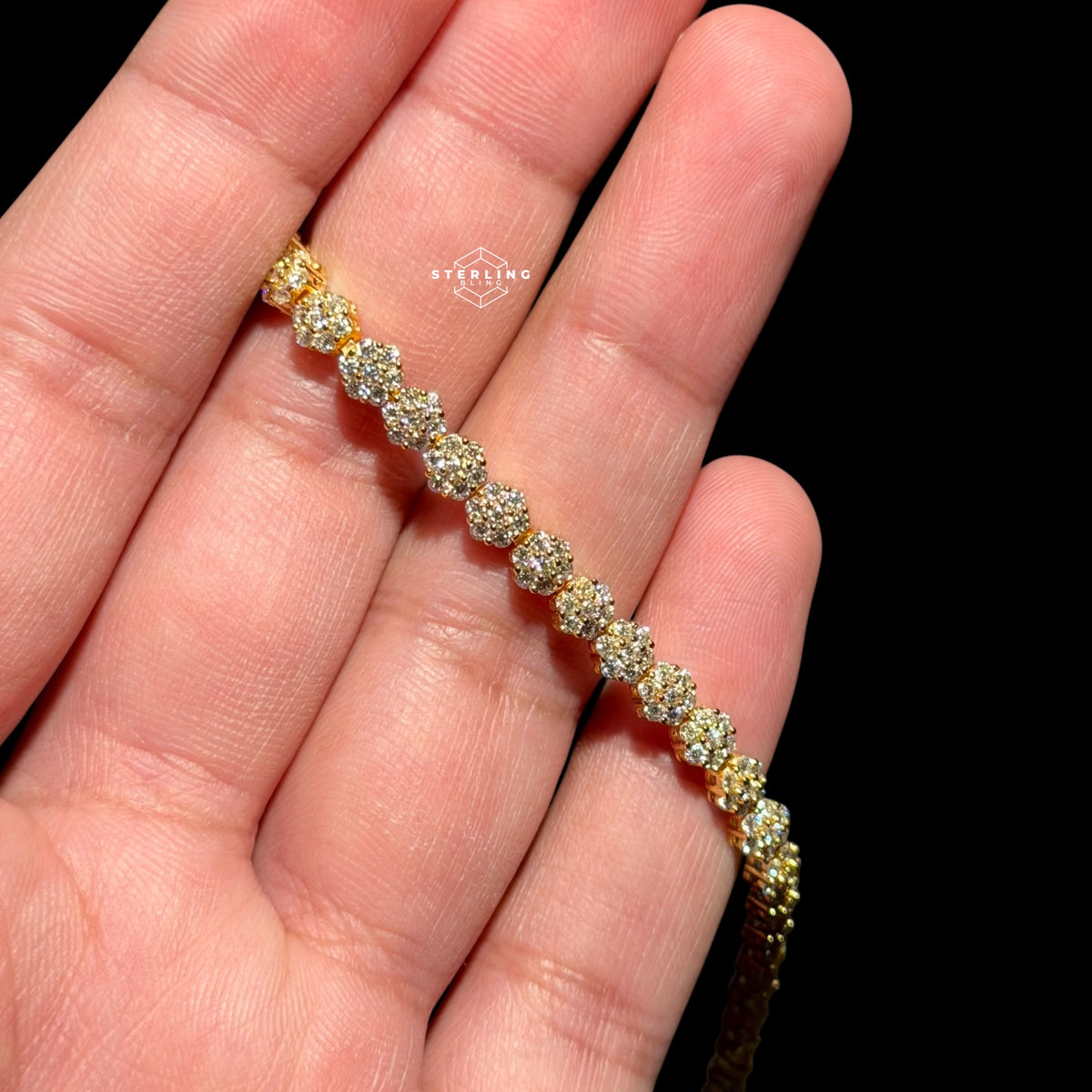 Moissanite Gold 5mm Flower Cluster Tennis Bracelet 925 Sterling Silver