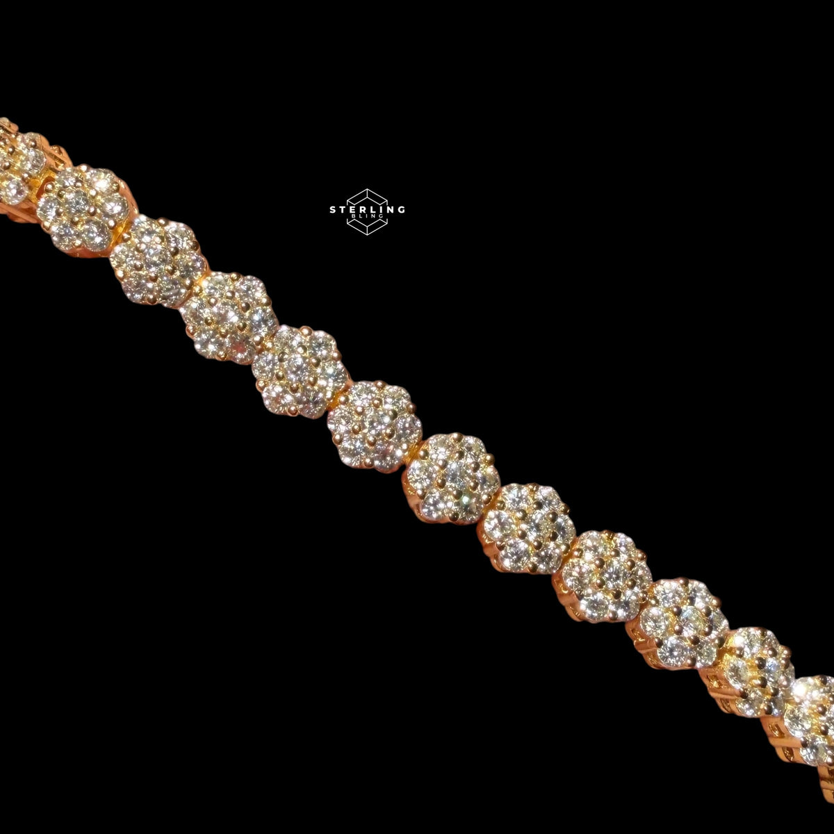 Moissanite Gold 5mm Flower Cluster Tennis Bracelet 925 Sterling Silver