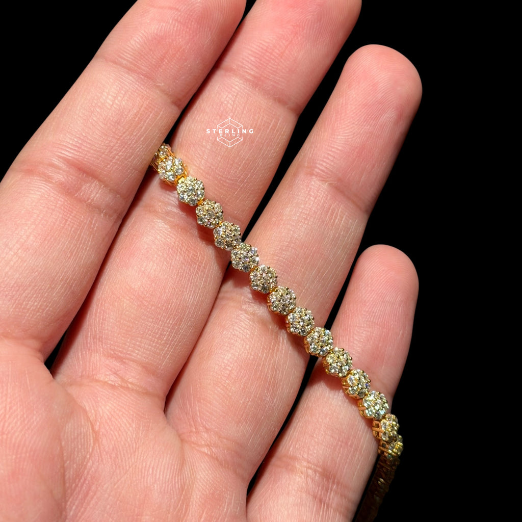 Moissanite Gold 5mm Flower Cluster Tennis Bracelet 925 Sterling Silver