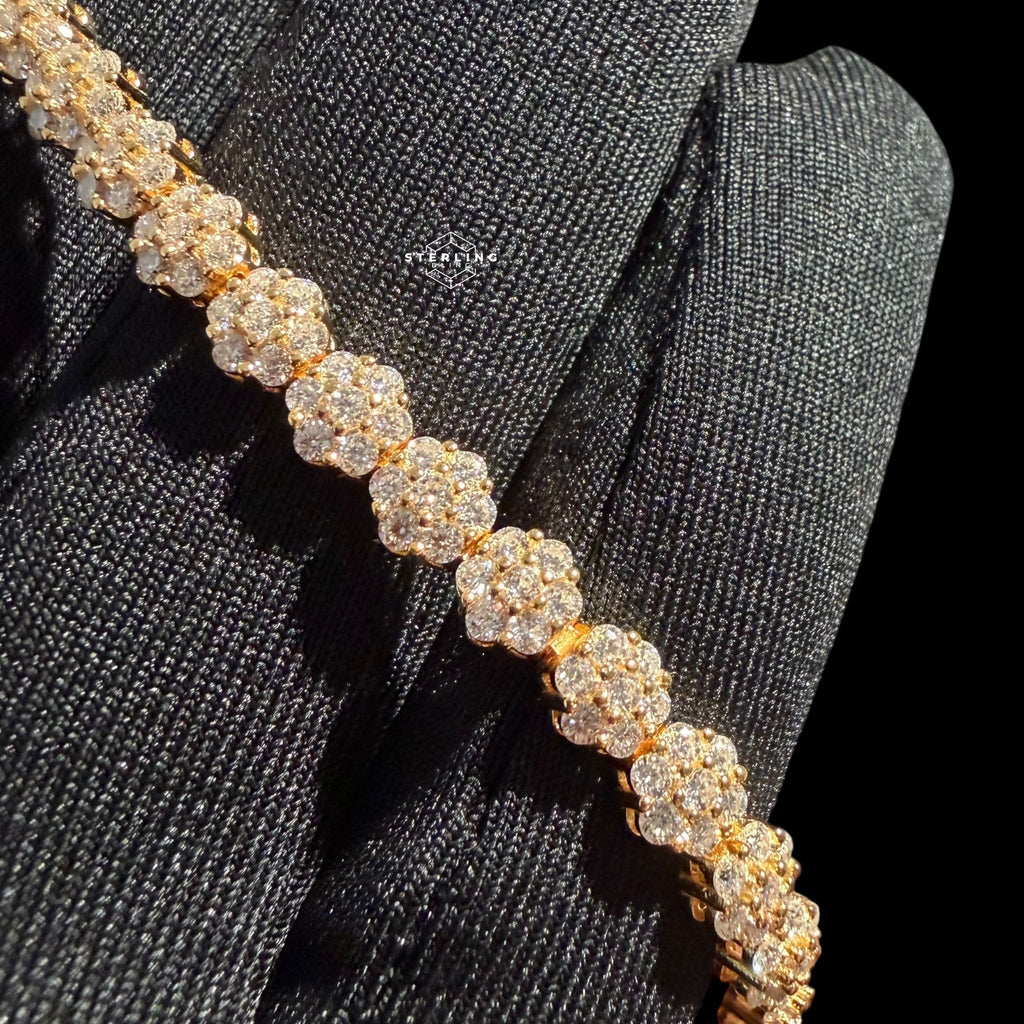 Moissanite Gold 5mm Flower Cluster Tennis Bracelet 925 Sterling Silver