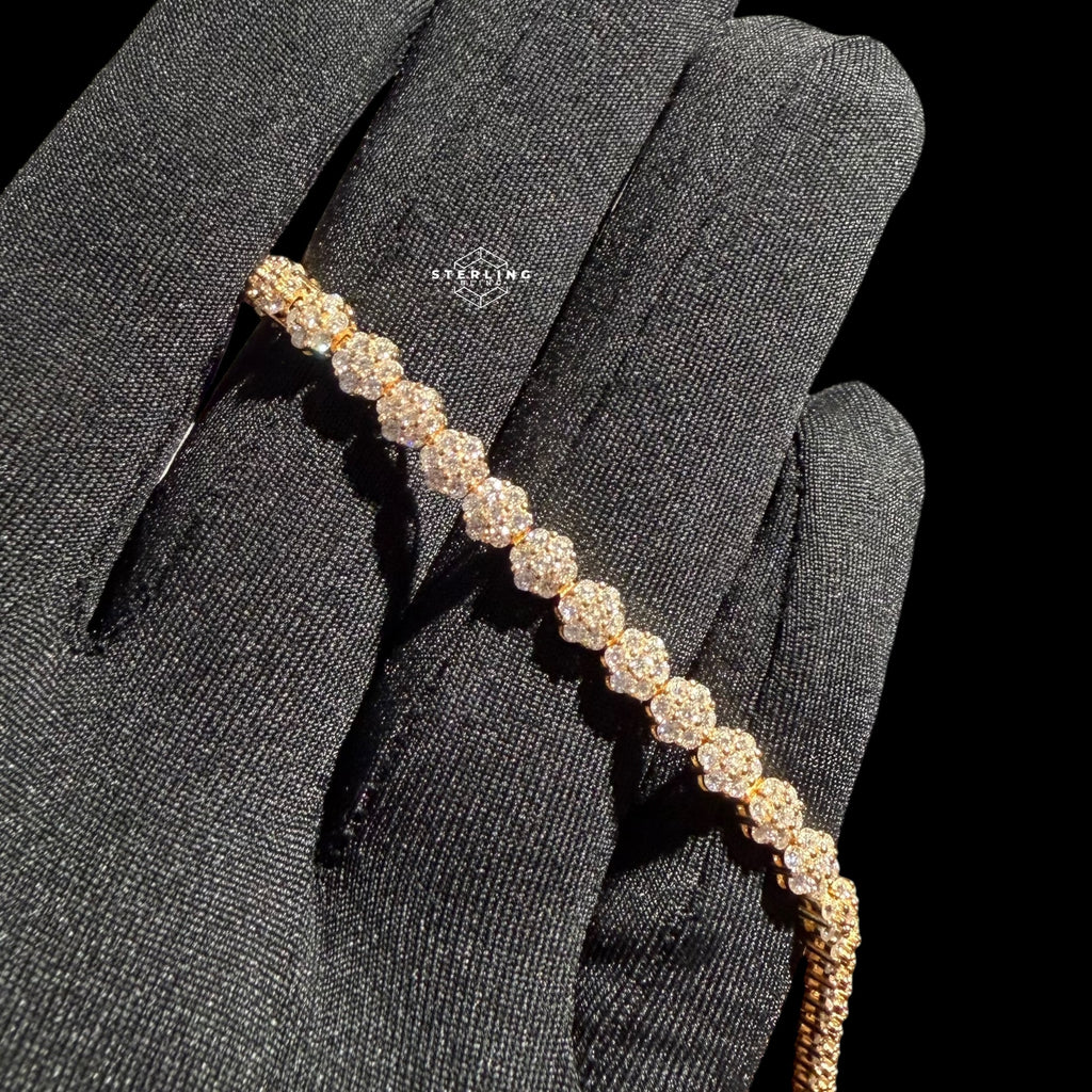 Moissanite Gold 5mm Flower Cluster Tennis Bracelet 925 Sterling Silver