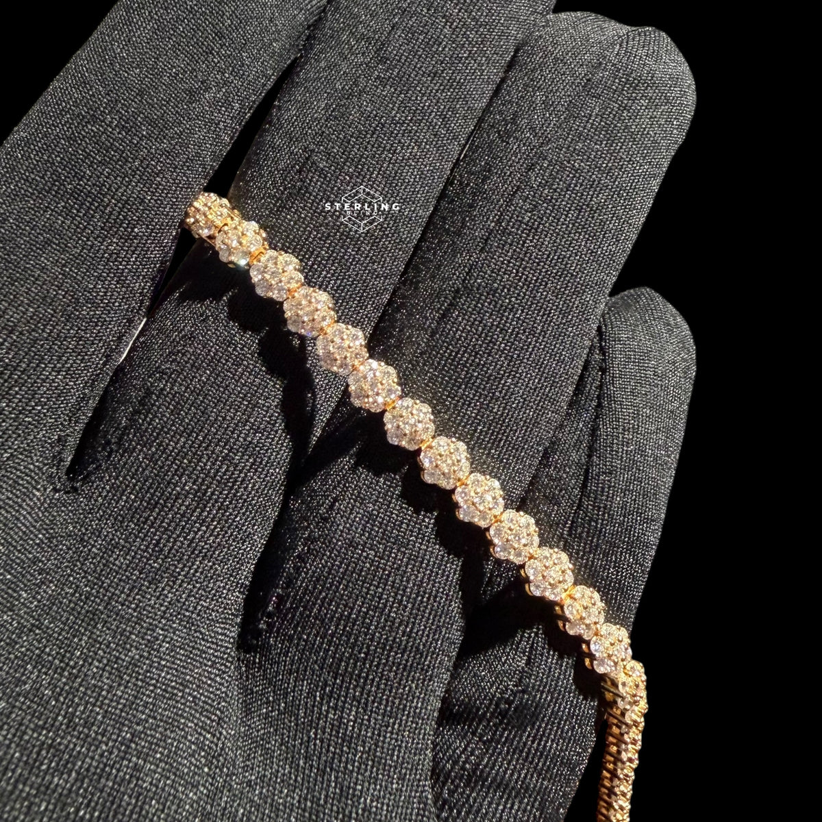 Moissanite Gold 5mm Flower Cluster Tennis Bracelet 925 Sterling Silver