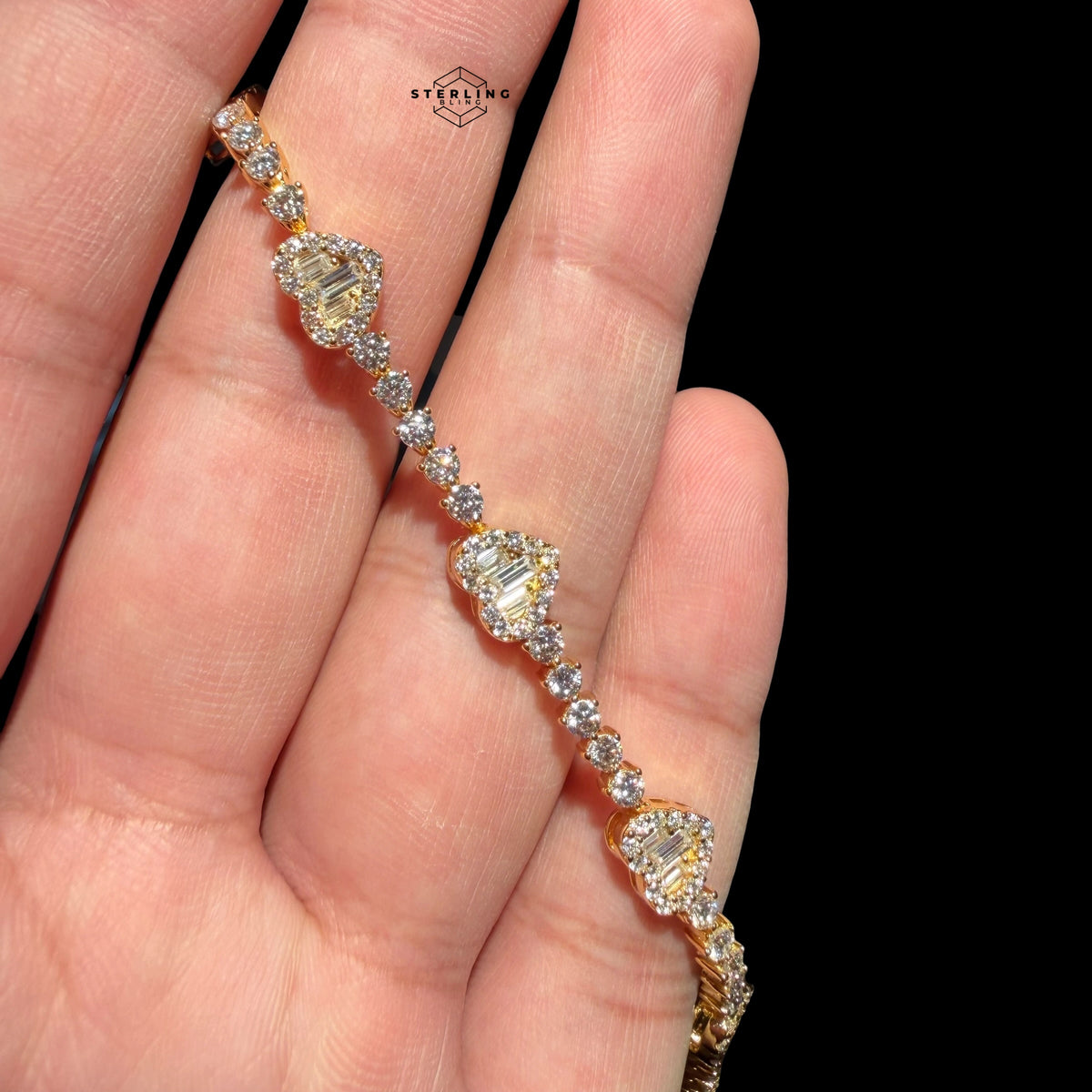 Gold Moissanite Tennis Bracelet 925 Silver Baguette Heart Bracelet Gift for Her
