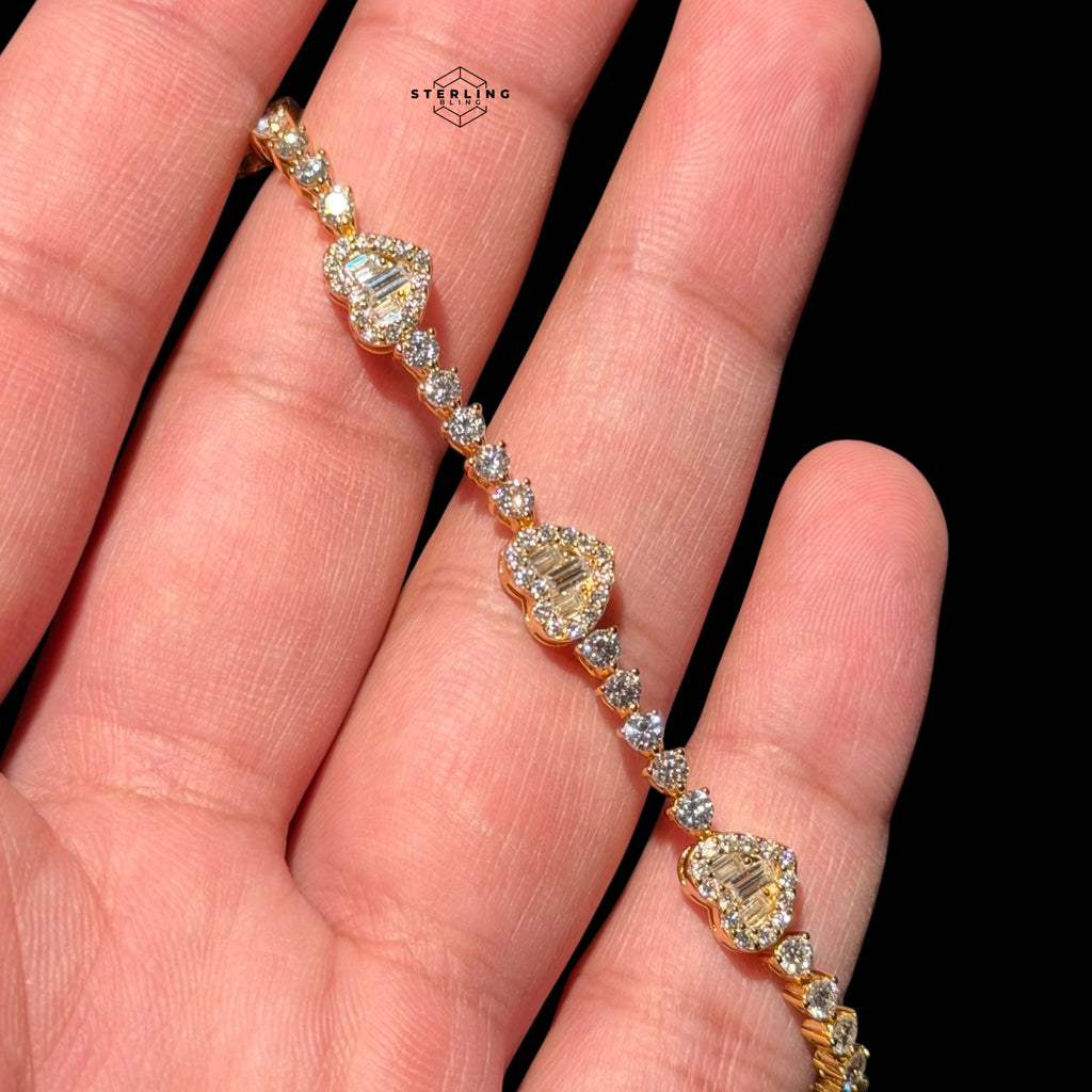 Gold Moissanite Tennis Bracelet 925 Silver Baguette Heart Bracelet Gift for Her