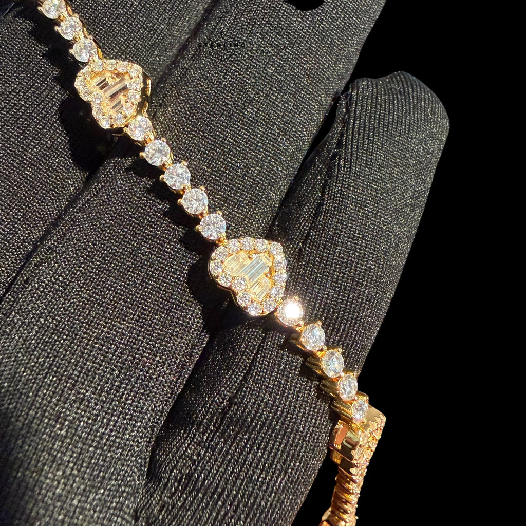 Gold Moissanite Tennis Bracelet 925 Silver Baguette Heart Bracelet Gift for Her