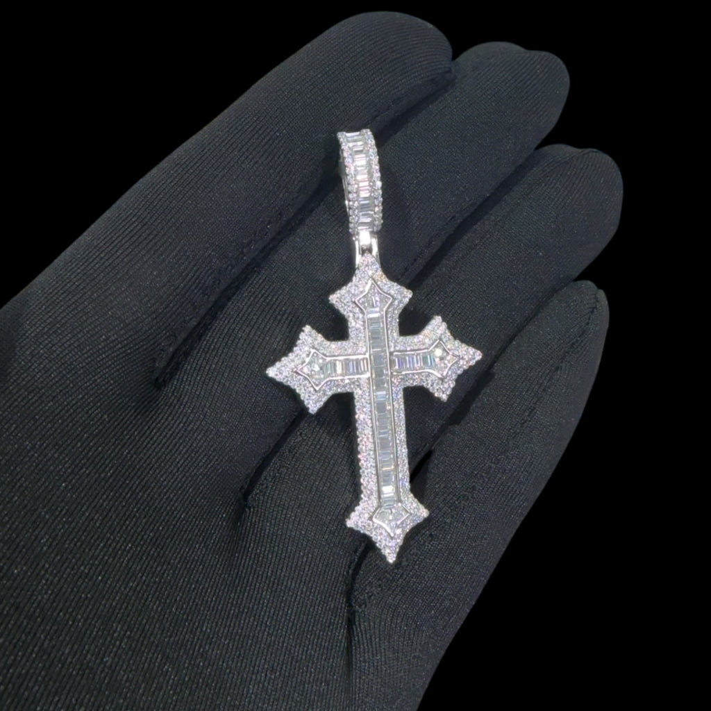 Moissanite Iced Out Baguette Cross Pendant, 925 Sterling Silver Cross Necklace, VVS1 D Color Moissanite, Hip Hop Religious Jewelry, GRA Certified
