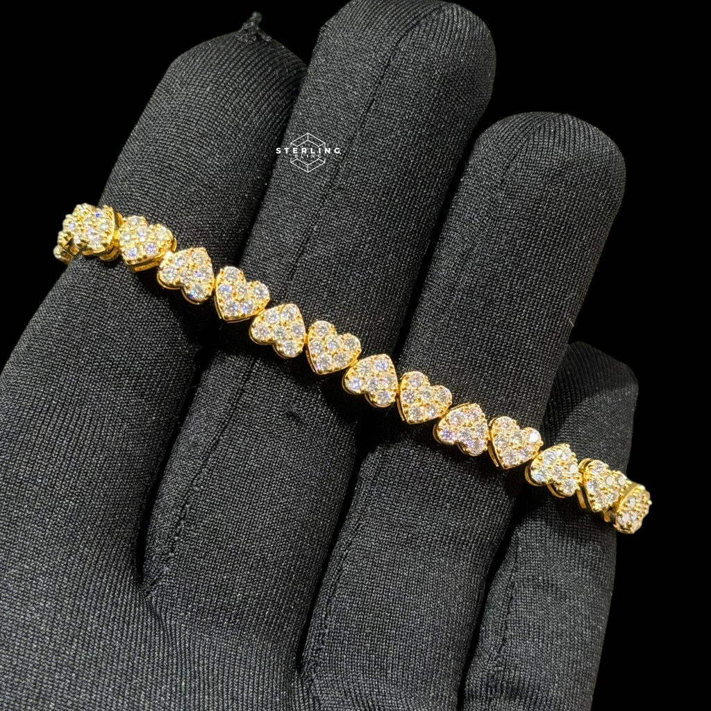 Moissanite Heart Bracelet, 925 Sterling Silver Gold Heart Tennis Bracelet 7"