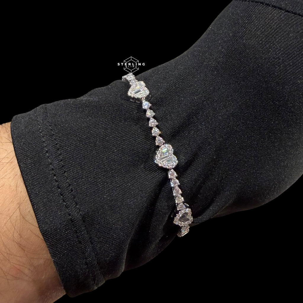 Moissanite Heart Tennis Bracelet, 925 Sterling Silver Baguette Heart Halo Bracelet