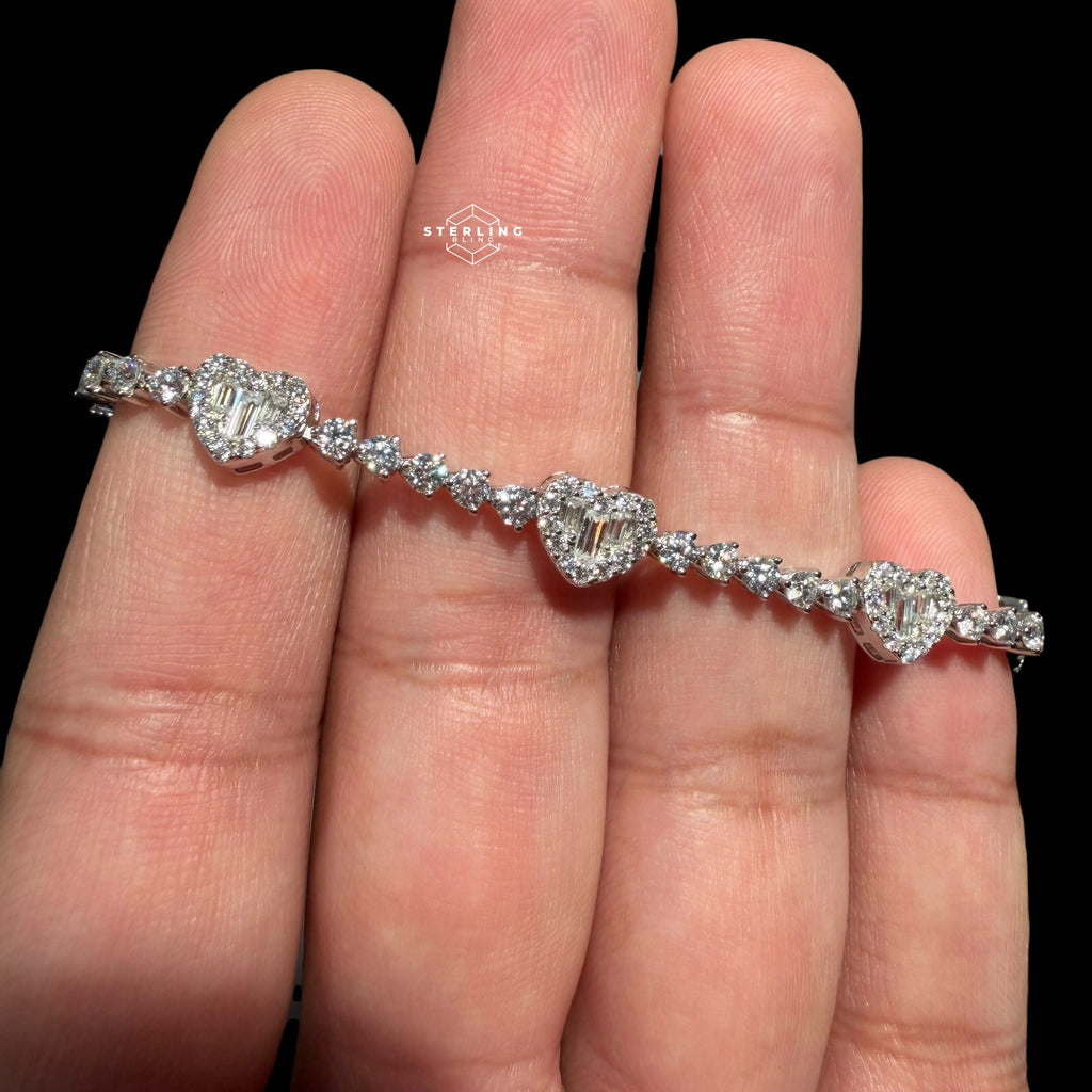 Moissanite Heart Tennis Bracelet, 925 Sterling Silver Baguette Heart Halo Bracelet