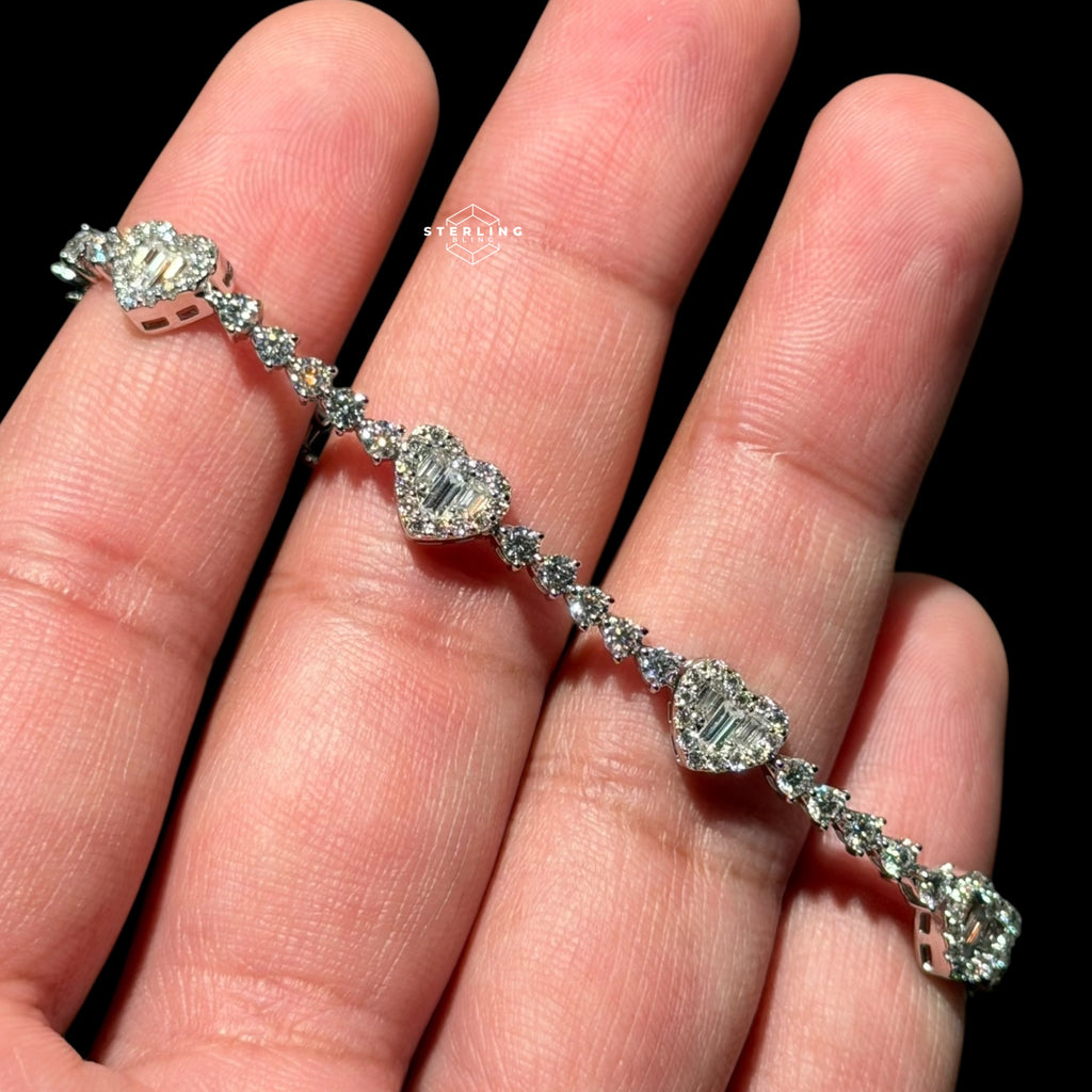 Moissanite Heart Tennis Bracelet, 925 Sterling Silver Baguette Heart Halo Bracelet