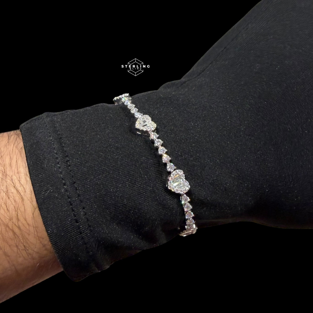 Moissanite Heart Tennis Bracelet, 925 Sterling Silver Baguette Heart Halo Bracelet