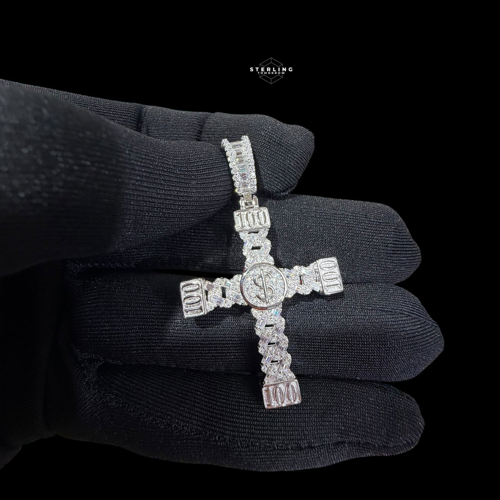 Moissanite Money Cross Pendant 925 Sterling Silver, Iced Out 100 Dollar Sign Cross Necklace,