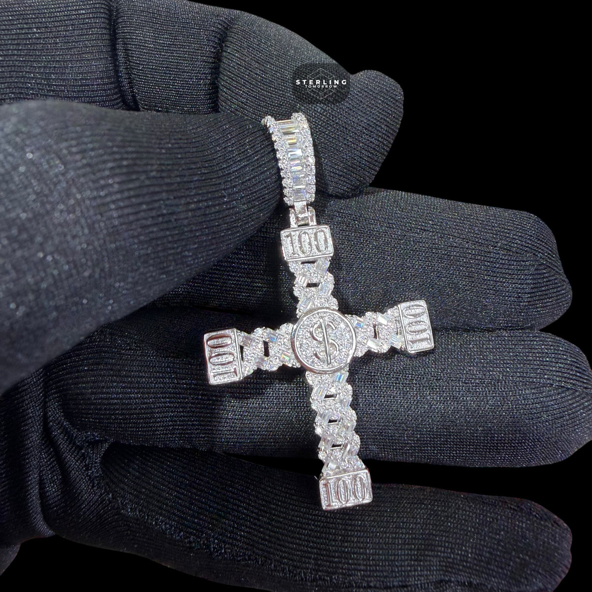 Moissanite Money Cross Pendant 925 Sterling Silver, Iced Out 100 Dollar Sign Cross Necklace,