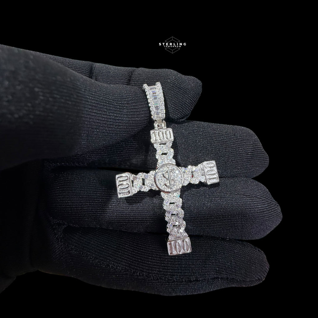 Moissanite Money Cross Pendant 925 Sterling Silver, Iced Out 100 Dollar Sign Cross Necklace,