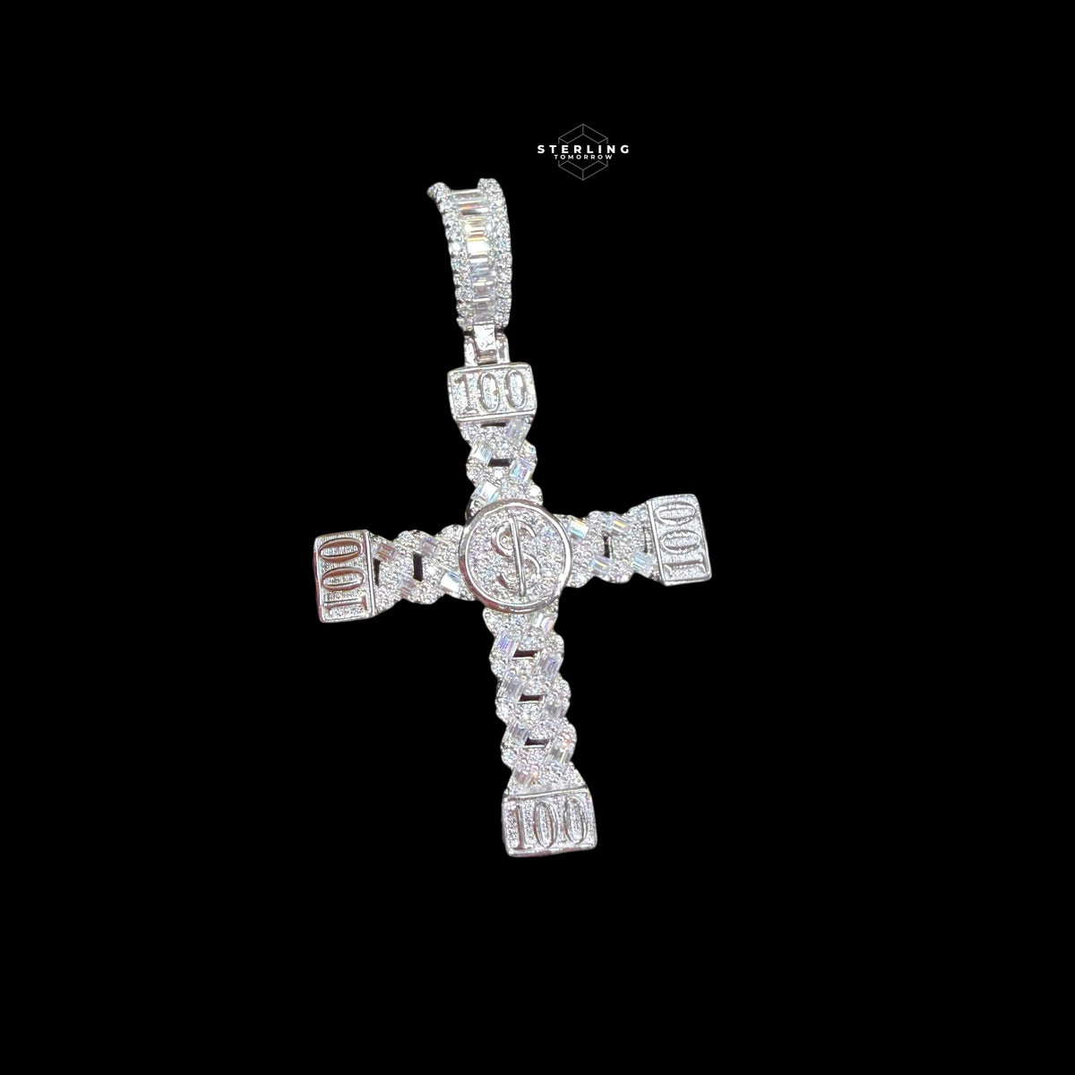Moissanite Money Cross Pendant 925 Sterling Silver, Iced Out 100 Dollar Sign Cross Necklace,