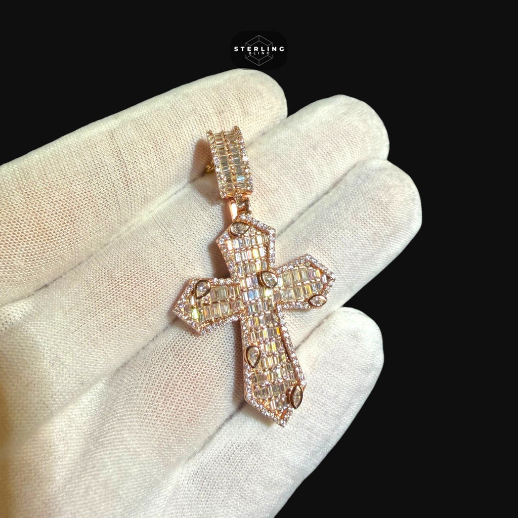 Moissanite Rose Gold Marquis Baguette Cross Pendant