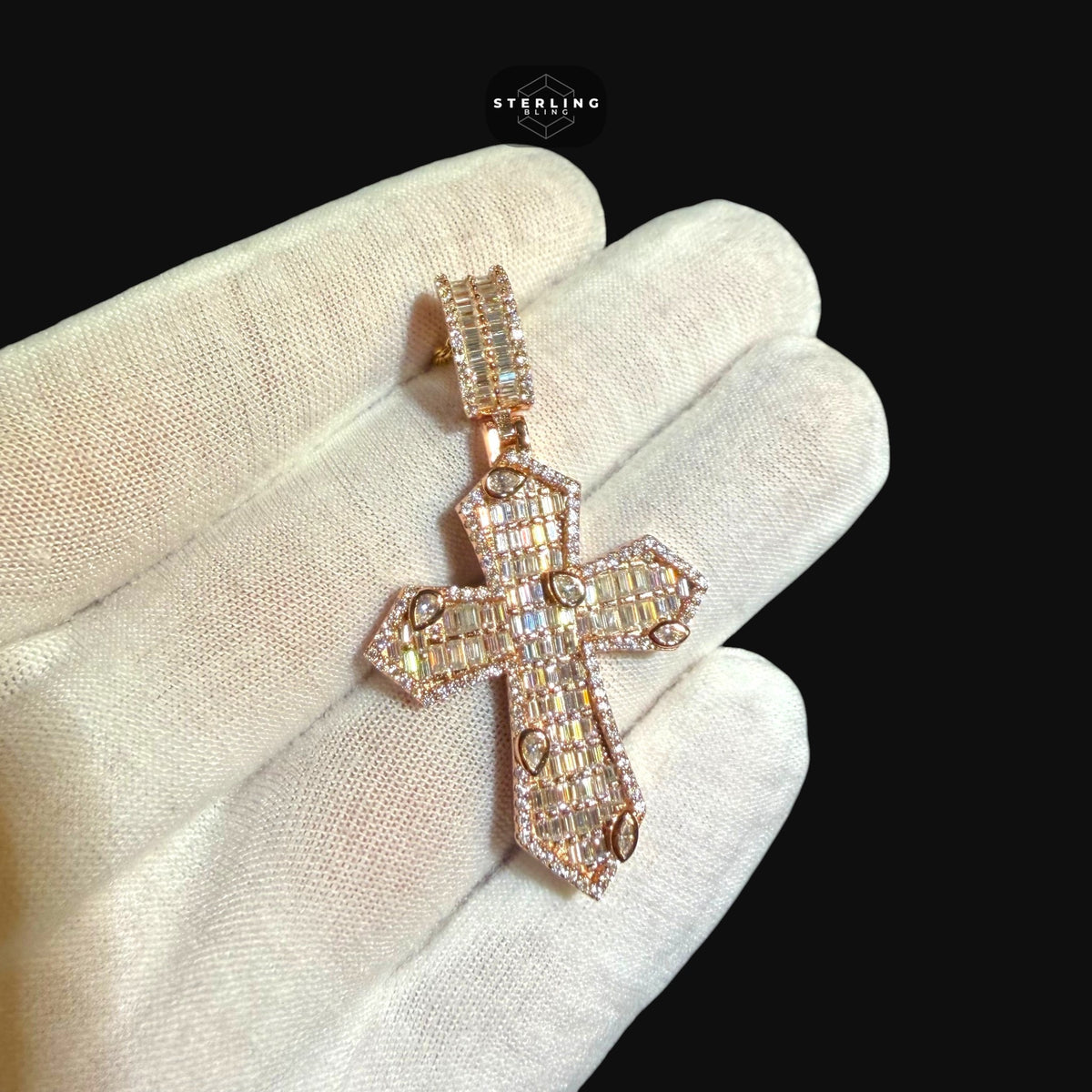 Moissanite Rose Gold Marquis Baguette Cross Pendant