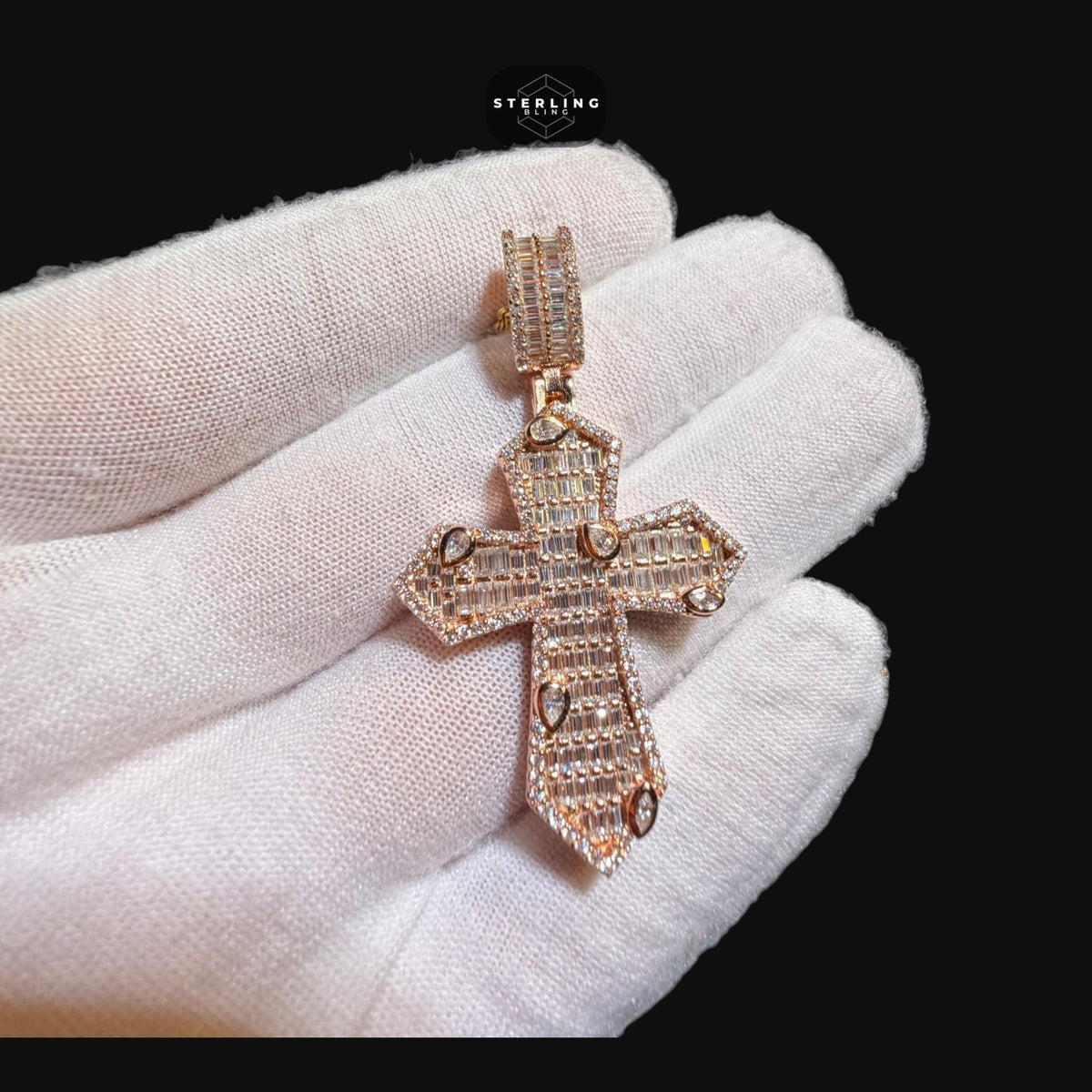 Moissanite Rose Gold Marquis Baguette Cross Pendant