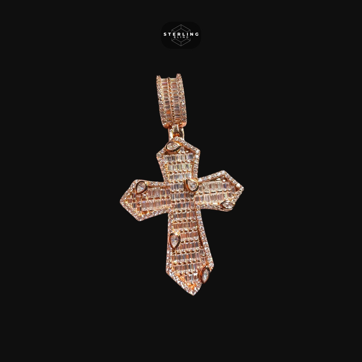 Moissanite Rose Gold Marquis Baguette Cross Pendant