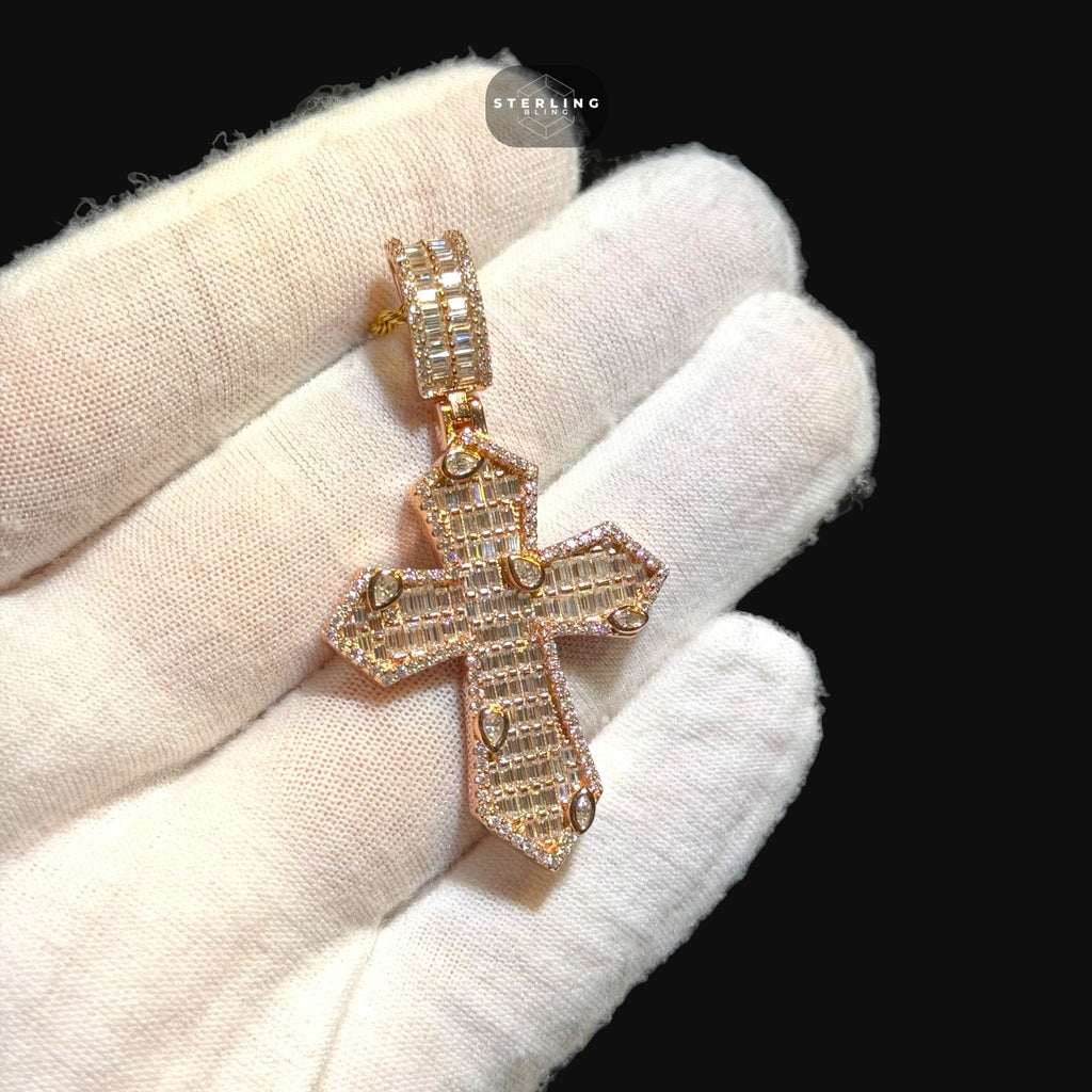 Moissanite Rose Gold Marquis Baguette Cross Pendant