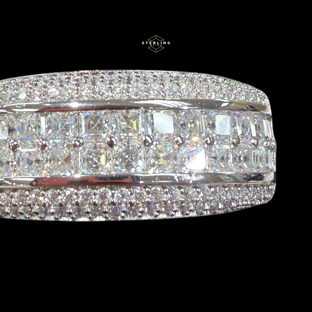 Mens Princess Cut Moissanite Engagement Ring, 925 Sterling Silver Wedding Band