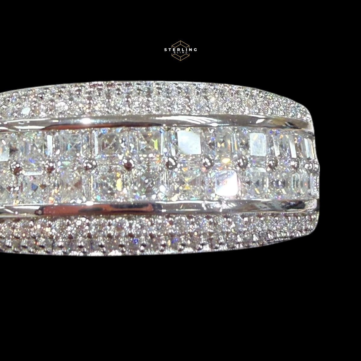 Mens Princess Cut Moissanite Engagement Ring, 925 Sterling Silver Wedding Band