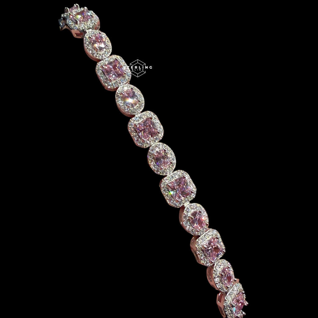 Moissanite Tennis Bracelet 925 Sterling Silver, Pink CZ Halo Moissanite Bracelet, 7 Inch Pink Stone