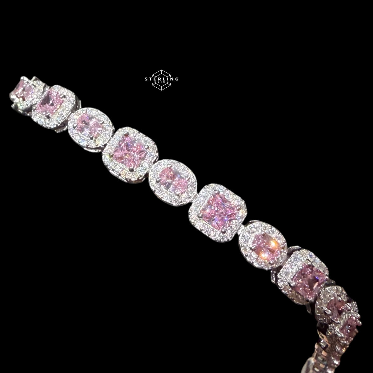 Moissanite Tennis Bracelet 925 Sterling Silver, Pink CZ Halo Moissanite Bracelet, 7 Inch Pink Stone