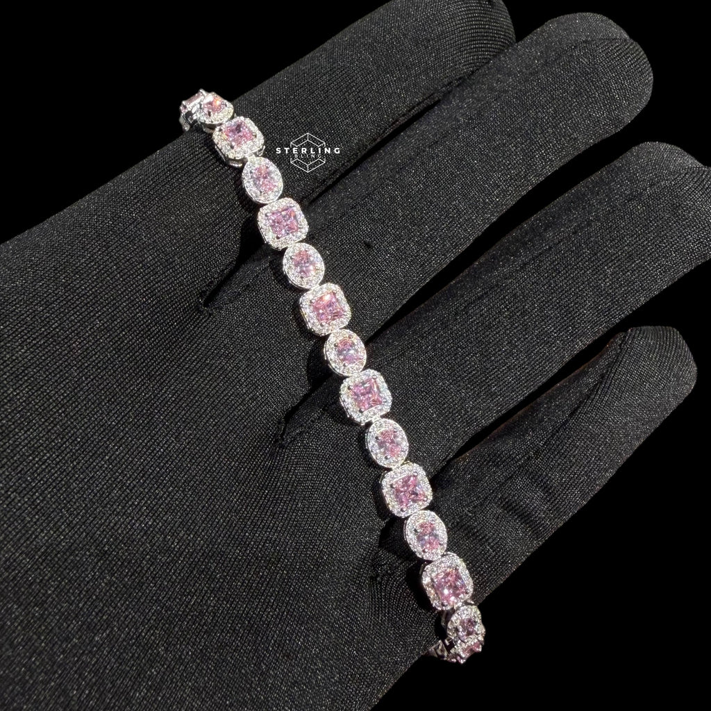 Moissanite Tennis Bracelet 925 Sterling Silver, Pink CZ Halo Moissanite Bracelet, 7 Inch Pink Stone