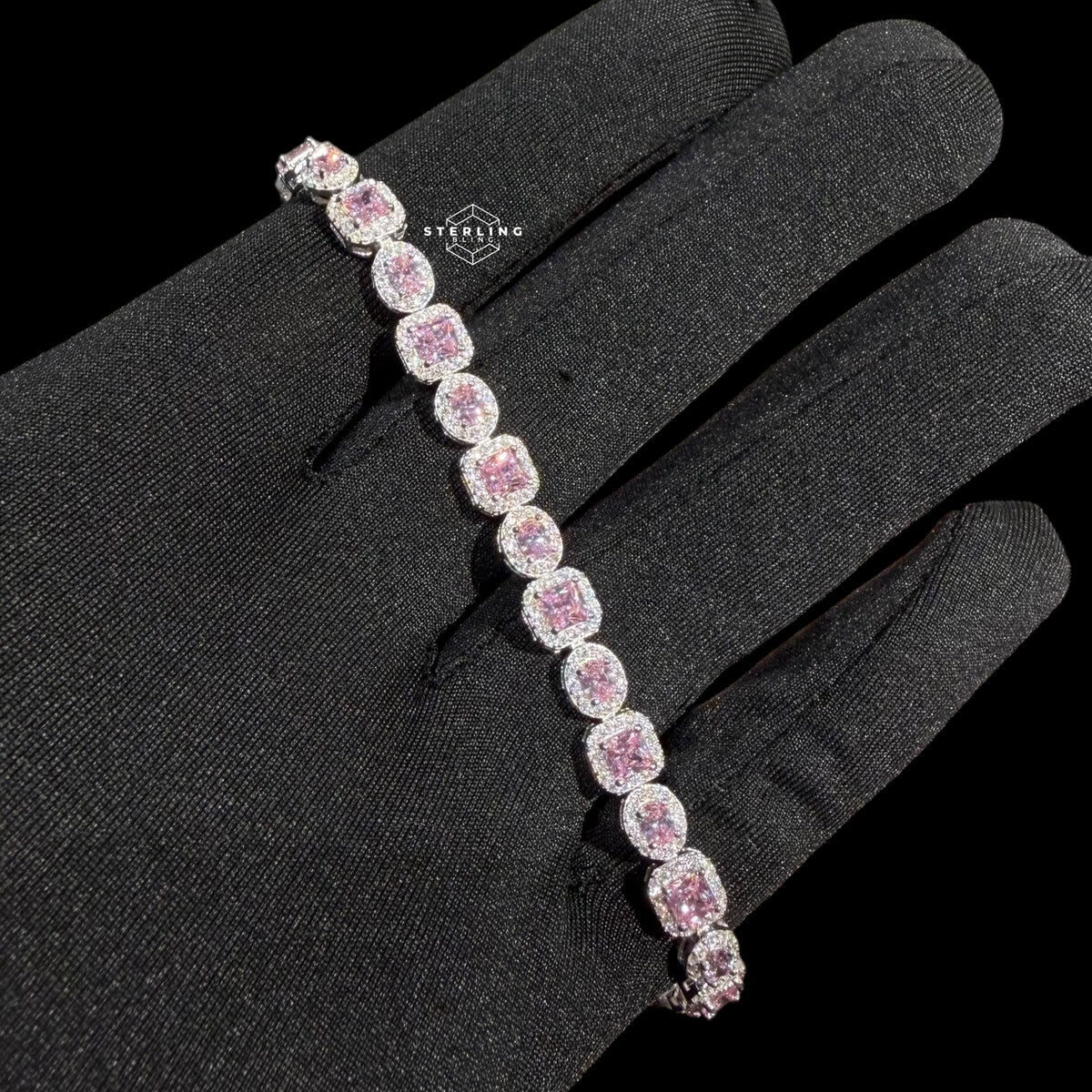 Moissanite Tennis Bracelet 925 Sterling Silver, Pink CZ Halo Moissanite Bracelet, 7 Inch Pink Stone