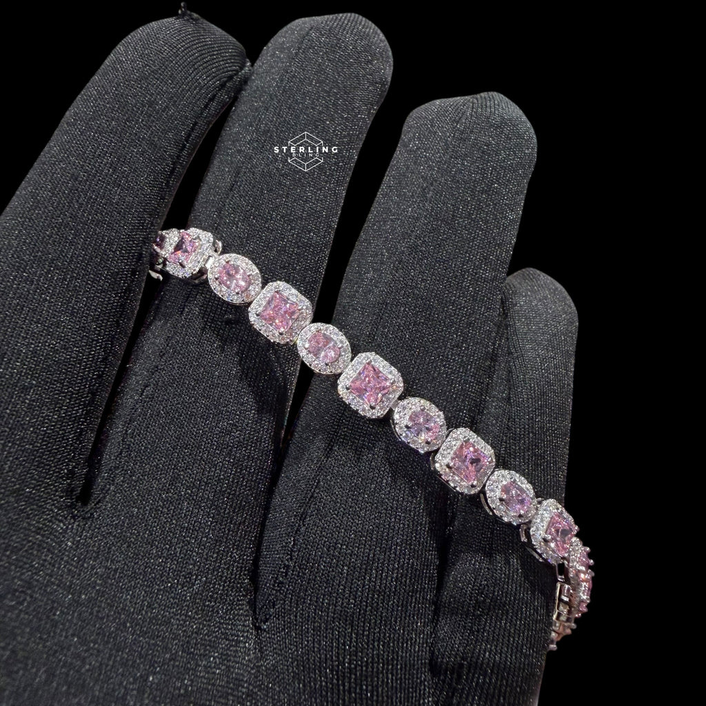 Moissanite Tennis Bracelet 925 Sterling Silver, Pink CZ Halo Moissanite Bracelet, 7 Inch Pink Stone
