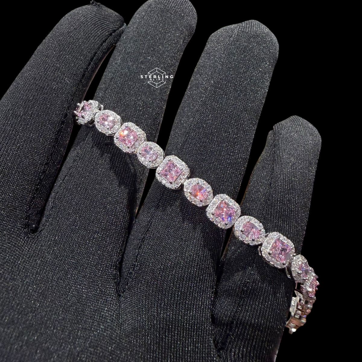 Moissanite Tennis Bracelet 925 Sterling Silver, Pink CZ Halo Moissanite Bracelet, 7 Inch Pink Stone