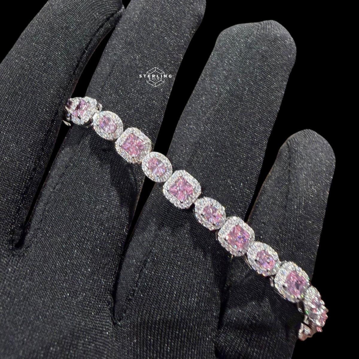 Moissanite Tennis Bracelet 925 Sterling Silver, Pink CZ Halo Moissanite Bracelet, 7 Inch Pink Stone