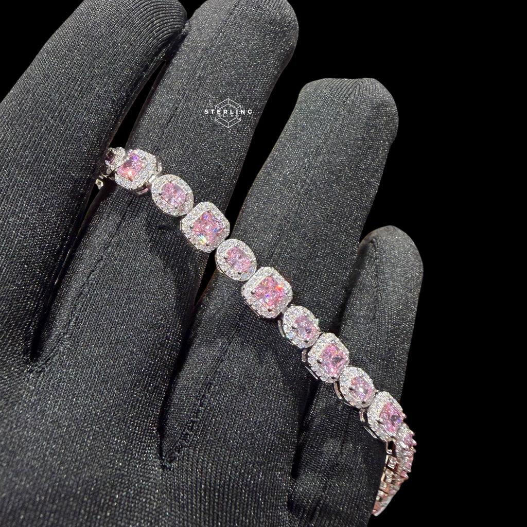 Moissanite Tennis Bracelet 925 Sterling Silver, Pink CZ Halo Moissanite Bracelet, 7 Inch Pink Stone