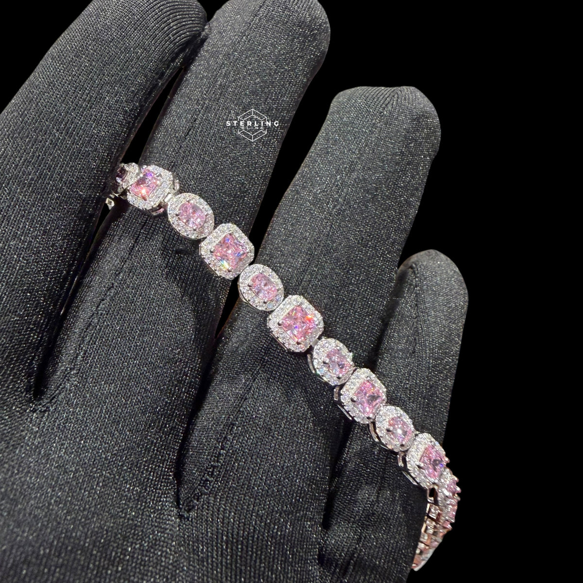 Moissanite Tennis Bracelet 925 Sterling Silver, Pink CZ Halo Moissanite Bracelet, 7 Inch Pink Stone