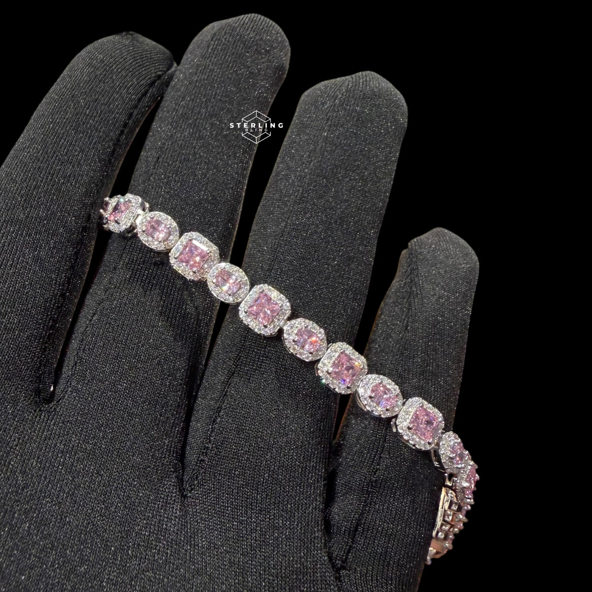 Moissanite Tennis Bracelet 925 Sterling Silver, Pink CZ Halo Moissanite Bracelet, 7 Inch Pink Stone
